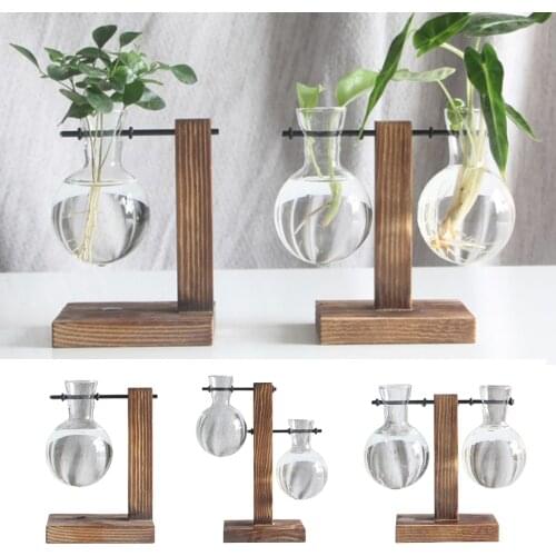 Desktop Glass Planter Bulb Vase with Retro Solid Wooden Stand for Hydroponics Plants Home Garden Wedding Decors