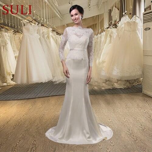 SL-011 Cheap Sexy Lace Champagne Full Sleeves Satin Zipper Mermaid Wedding Dress