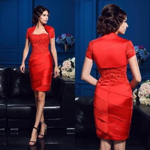 2019 New Mother of the Bride Dresses with Jacket Strapless Satin Evening Gowns Prom Wear Knee-Length Formal Wedding Guest Dress