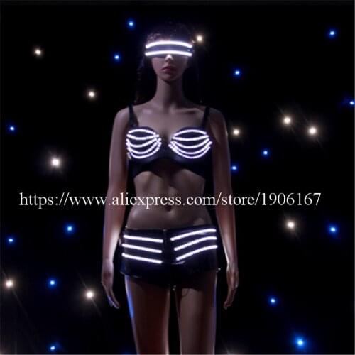 New Arrival LED glasse bra pants dance costumes luminous lady dress for ballroom bar dj disco party event singer sexy wears