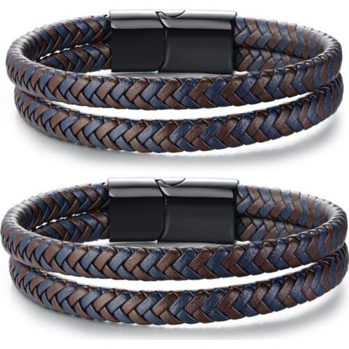 New Listing Double weave Leather Bracelet Mens Popular Jewelry Magnetic buckle Stainless Steel Ladies Bracelet Gift Pulseira