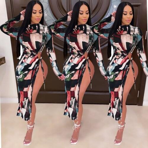 New Ladies Sexy Print Hit Color Hollow Lace Irregular Ladies Dress