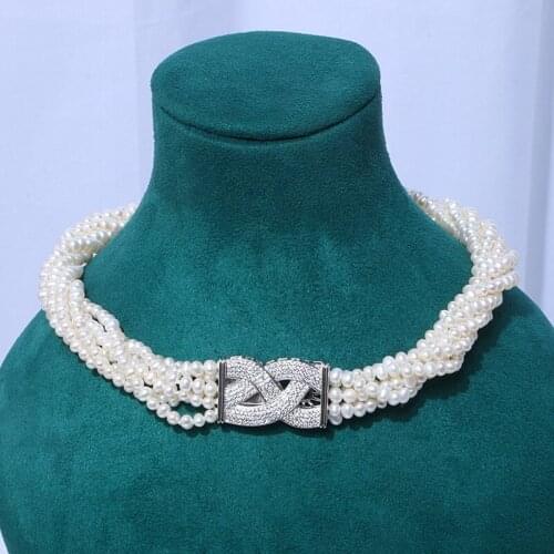 18" 5 Row Twist Necklace 3-4mm white Water Pearl Necklace CZ Pendant