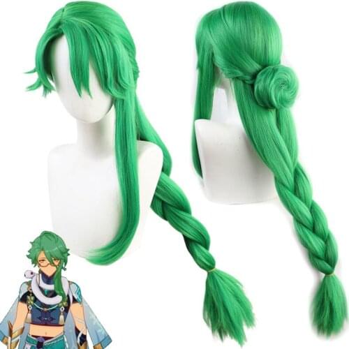 Game Genshin Impact BaiZhu Green Long Braided Wig Cosplay Costume Heat Resistant Synthetic Hair Bai Zhu Carnival Party Wigs