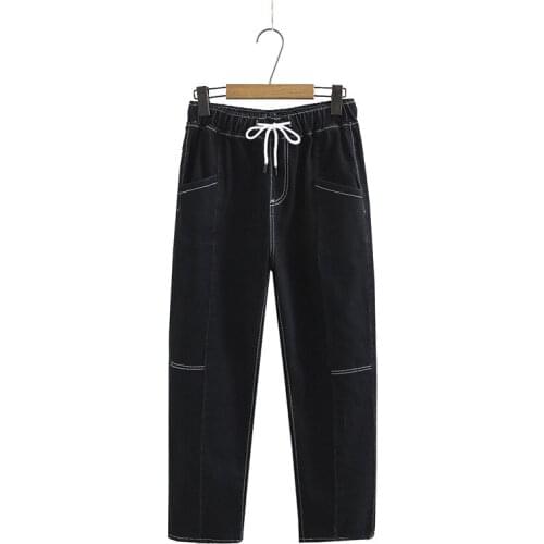 Plus Size XL-5XL Womens All Match Long Jeans Elastic Waist Slim Long Black Denim Pants