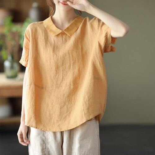 New Women Shirts Summer 21Mori Girl Style Loose Solid Color Furcal Turn-Down Collar Patchwork Female Wild Linen Tops