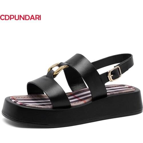 Black White Genuine Leather Flat Platform Sandals Women Summer Casual Shoes Sandales Femmes 2021 Sandalias Mujer