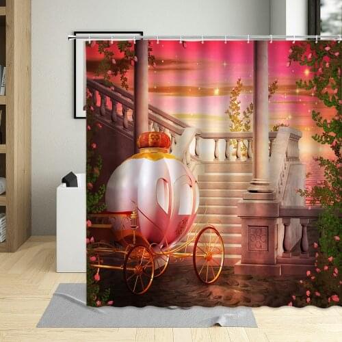 Dream Fairytale Carriage Shower Curtain Flower Leaf Forest Waterfall Scenery Pattern Child Bathroom Polyester Cloth Curtain Sets