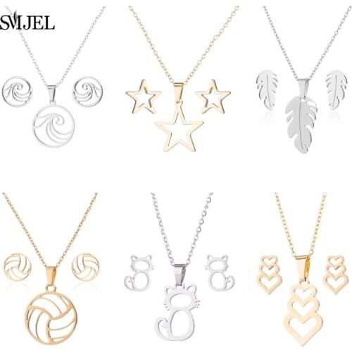 SMJEL Stainless Steel Jewelry Sets Geometric Basketball Heart Hollow Star Necklaces for Women Cute Cat Earrings Pendient Brincos