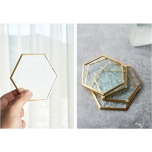 Glass Drink Coaster Nordic Retro Cup Mat Embossed Hexagon Home Kitchen Decor Anti-skid Tea Cup Milk Mug Coffee Cups Dropship