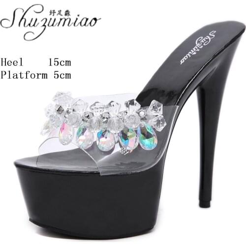 Rhinestone Outside Slippers Stripper Show Super High Heels Womens Shoes Party Club 15 CM Solid Color Platform High-heeled Shoes
