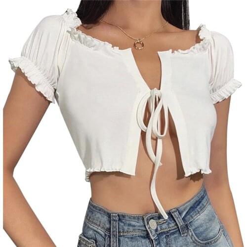 Short Sleeve Ruffle T Shrit Womens Crop Tops Slim Fit Solid Color Casual Outwear Top Cloth Female Clothes Cardigan Tee