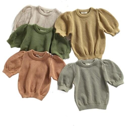 Kids Girls Casual Simple Style Hollowed-out Knitwear, Solid Color Short Puff Sleeves O-neck Pullover T-Shirt Tops, 1-8Years