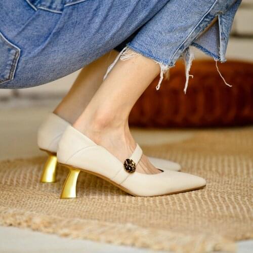 Metal Special-shaped Heel Pointed Toe Single Shoes Womens Soft Leather Simple Mid-heel Commuter Womens Shoes
