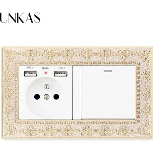 UNKAS 4D Zinc Alloy Metal Panel French Socket Dual USB Port + 1 Gang 1 / 2 Way On / Off Light Switch Embossing Retro Frame