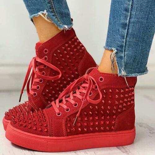 Womens Sneakers Platform Rhinestone Shoes Roses Sparkles Red Casual High Top Thick Sole Fashion Rivet Lace-Up PU Basic Flat Soli