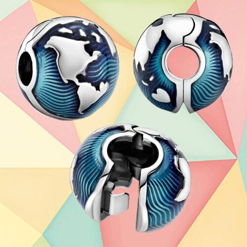 2021 Summer New Fashion 100%925 Sterling Silver Blue Globe Clip Pendant Beads Suitable for Original Ladies' Jewelry Making