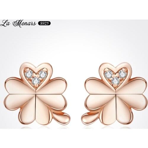 La Menars New Rose Clover Stud Earrings For Women 2021 Original European Style Genuine 925 Sterling Silver Jewelry With CZ