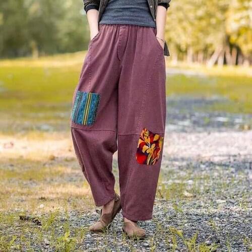 2021 New Arrival Spring Arts Style Women Loose Casual Elastic Waist Ankle-length Pants Pocket Cotton Patchwork Harem Pants W184