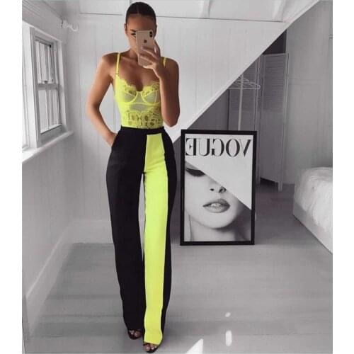 New Arrival Yellow Strap Bodysuit Pants Two Pieces Sets Celebrity Womens Sets Night Party Sets High Quality