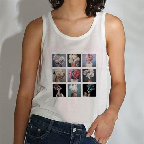 Summer Elegant Flowers Feather Print O-neck Sleeveless 2021 Crop Top Kawaii Casual Fashion Streetwear Women Tank Tops Pullover