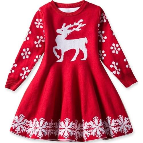 Winter Elk Xmas Party Princess Dress For Girls Sweater Christmas Snowflake Embroidery Vestido Natal Cosplay Costume For Children