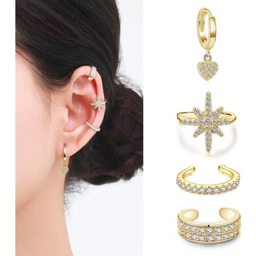 YANLOK 1Piece Ear Cuff 925 Sterling Silver Star Link Geometric Hoop Earrings For Women Ear Clips Gold Color Chic Fashion Jewelry