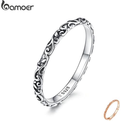 BAMOER Engraved Pattern Ring Real 925 Sterling Silver Black Tibetan Silver Small Finger Rings Unisex Fine Jewelry SCR513