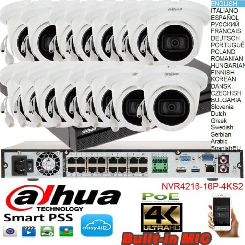 Dahua mutil language 4K H.265 NVR4216-16P-4KS2 16ch POE IP Camera kits with IPC-HDW2431T-AS audio System Security Camera kit