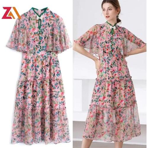 ZALady Designer Beach Boho Floral Midi Dresses For Women Flared Short Sleeve Elegant Ruched Party Streewear Woman Dress Vestidos