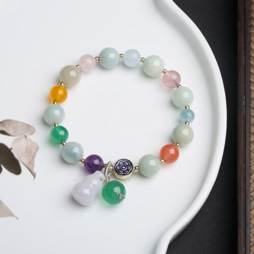 Ethnic Natural Jade Gourd Pendant Multicolor Agate Chalcedony Aquamarine Crystal Beaded Bracelets for Women Fine Jewelry YBR476