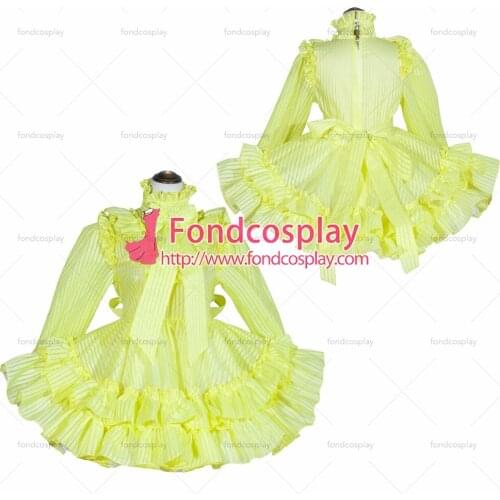 Fondcosplay adult sexy cross dressing sissy maid short French Lockable yellow Organza stripe Dress Costume Tailor-made[G4029]