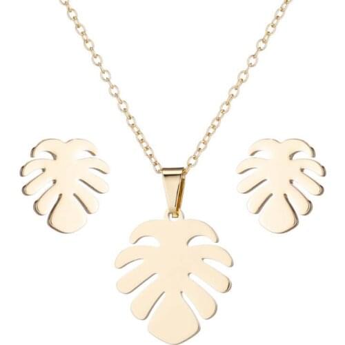 Lyvior Simple Leaf Earrings Necklace Set Female Stainless Steel Jewelry Three-Piece 2pcs/lot Annivesary Birthday Gifts for Women