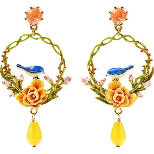 Cute Lovely Blue Bird Flower Wreth Drop Ears Jewelry Romantic Luxury Mori Garden Animal Earring Gift Feamle Party Accessories