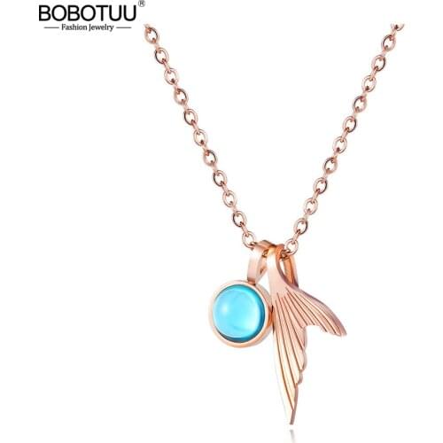 BOBOTUU Stainless Steel Fashion Blue Crystal Fishtail Pendant Necklaces Rose Gold Charm Choker Necklace For Women Girls BN17089