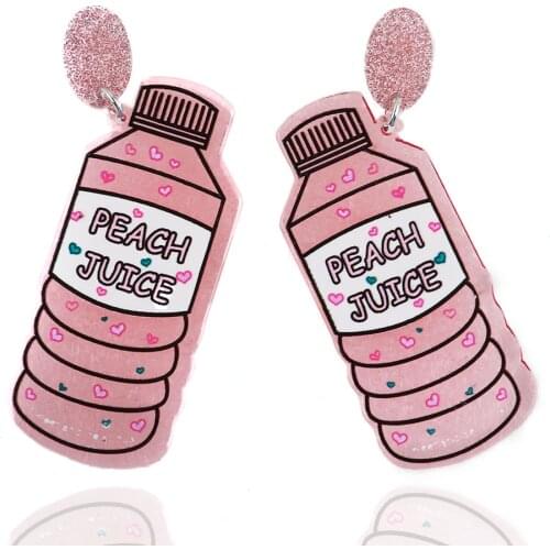 New Fashion Cute Peach Juice Bottle Acrylic Earrings for Women Girls Funny Pink Glitter Long Dangle Earrings Jewelry Party Gifts