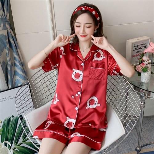 Summer Satin Pajamas Set Women Imitated Silk Pajamas Soft Print Sleepwear Homewear Female Loose Lounge Wear Sets Pjs Women