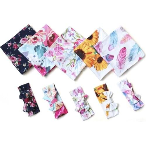 2pcs Newborn Baby Blanket Sleeping Swaddle Floral Print Muslin Wrap Headband Set for Infant Boys Girls