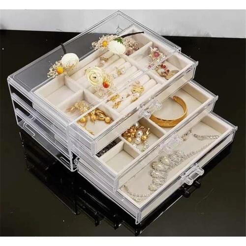 Clear Jewelry Box Acrylic Velvet Jewelry Organizer for Women with 3 Drawers Ring Earring Necklace Bracelet Holder Display Stand