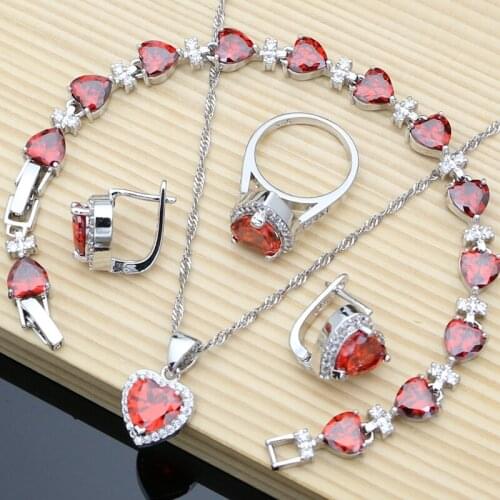 Heart Silver 925 Bridal Jewelry Sets Red Cubic Zirconia Beads Decoration For Women Wedding Earrings With Stone Necklace Set