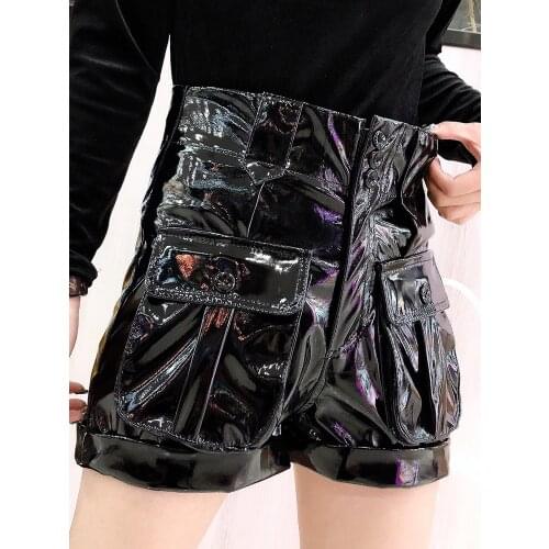 3XL PLUS SIZE patent leather shorts high waist shorts female college style big pockets Korean streetstyle fashion shorts F1240