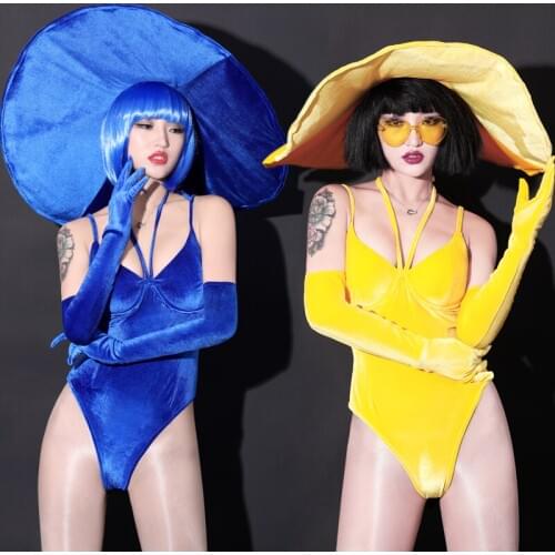 Rave Women Carnival Clothes Super Hat Yellow Jumpsuit Nightclub Party Dress Dj Costume Stage GoGo Drag Queen Costumes BL2304