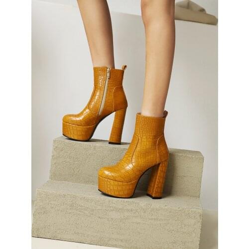 Super High Waterproof Platform Side Zipper Womens Shoes Retro Crocodile Pattern Super High Thick Heel Women Mid-Calf Boots