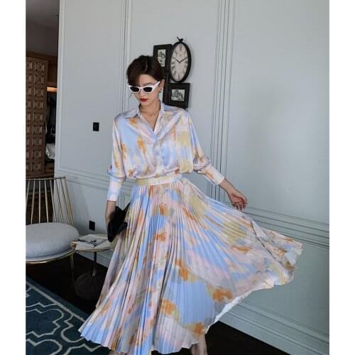 Women Elegant Floral Printed 2-Piece Suits Female Long Sleeve Single Breasted Shirt Top + Pleated High Waist Long Skirt Set