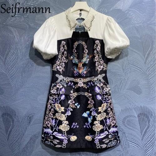 Seifrmann New 2021 Summer Women Fashion Designer Party Mini Dress Lantern Sleeve Gorgeous Crystal Print Beading Patchwork Dress
