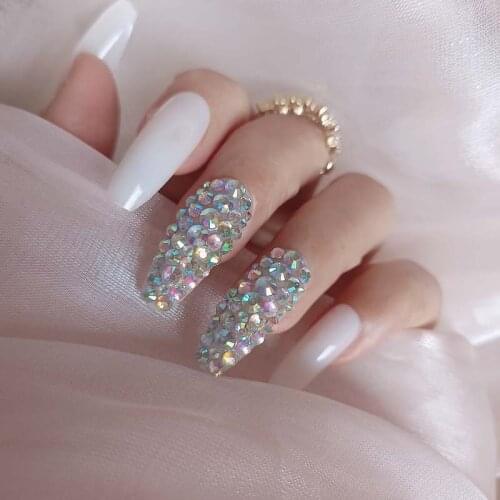 24pcs high-end fashion handmade crystal diamond long flat false nails natural color
