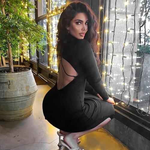 European and American Sexy Womens Black High Collar Sleeve Dew Back Tight Long Dress