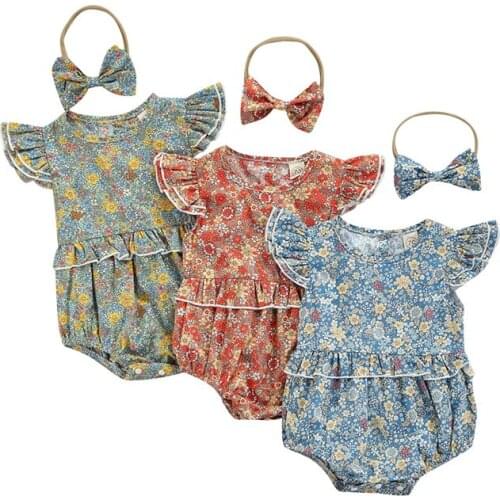 FOCUSNORM 2Pcs Baby Girls Boys Summer Rompers Outfit Floral Printed O-Neck Ruffle Sleeves Jumpsuits+ Bow Headband 0-18M