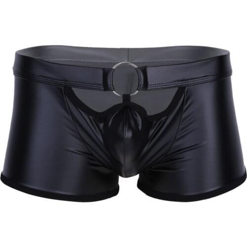 IEFiEL Fashion Sexy Gay Male Mens Cosplay Shorts Lingerie Faux Leather Boxer Briefs Shorts Underwear Underpants with O-Ring