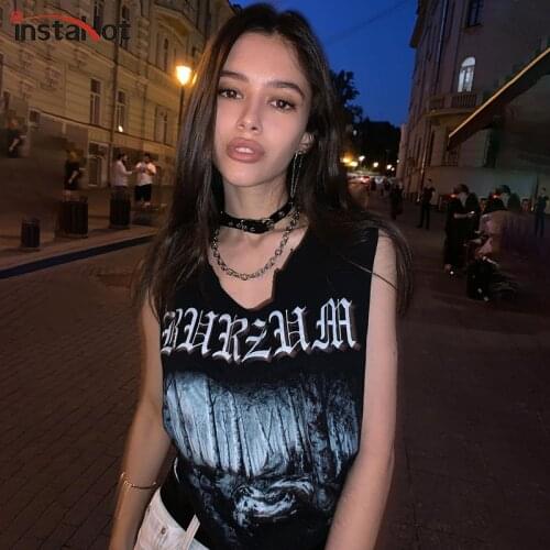 InstaHot Casual Harajuku T shirt Black Letter Printed Gothic Sleeveless Streetwear Punk Summer 2021 Women Loose Tee Tops Clothes